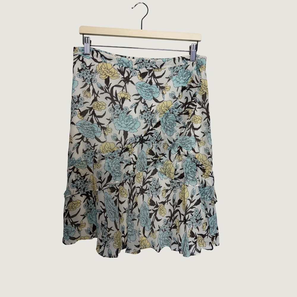 Banana Republic Floral‎ Silk Ruffle Skirt Size 10 Cream Blue Yellow Tiered Mini